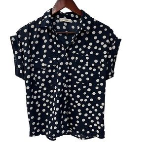 Erin Blair navy button up white polka dots blouse size small